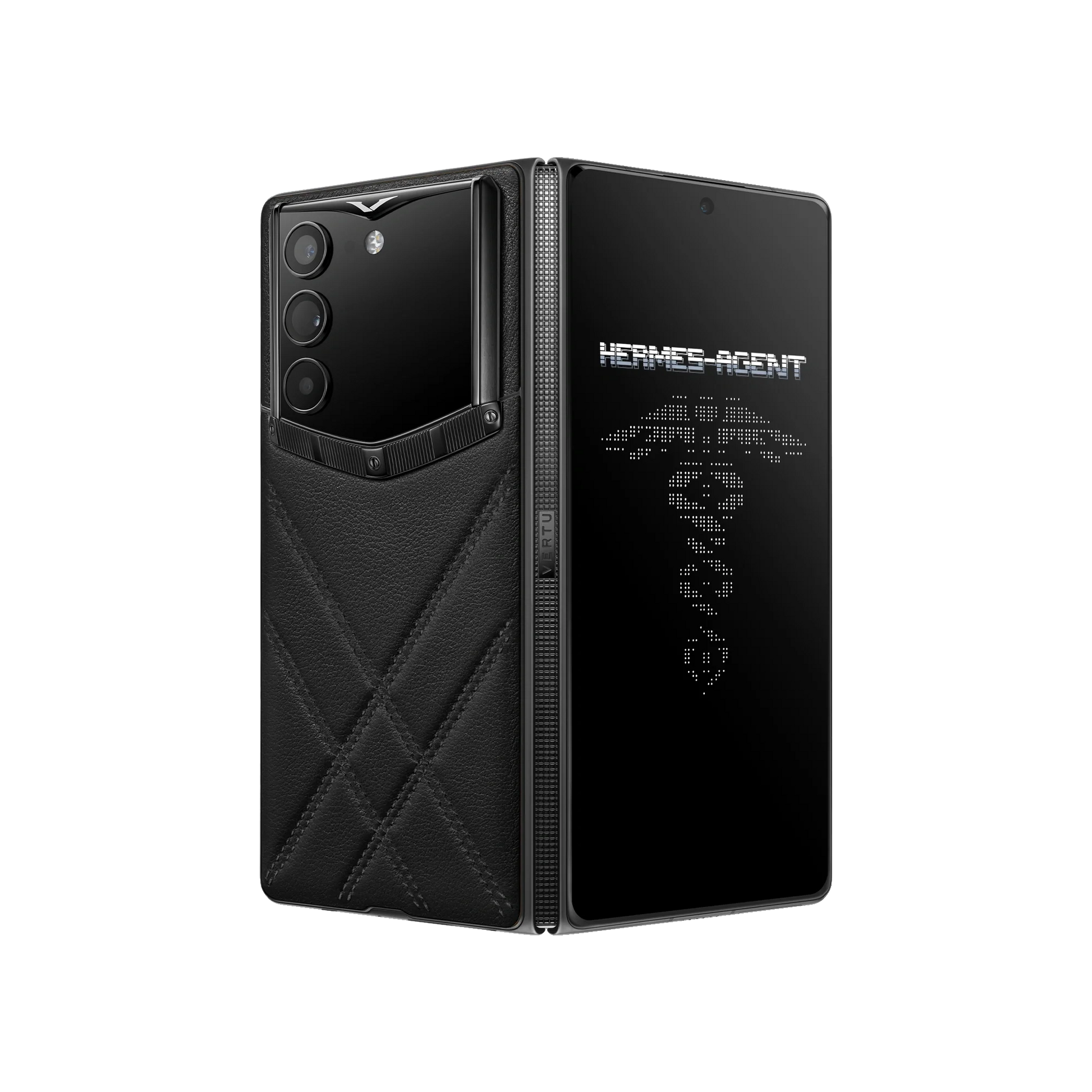 VERTU ALPHAFOLD IRON BLACK folded phone standing upright with dark titanium frame and Hermes Agent emblem on screen