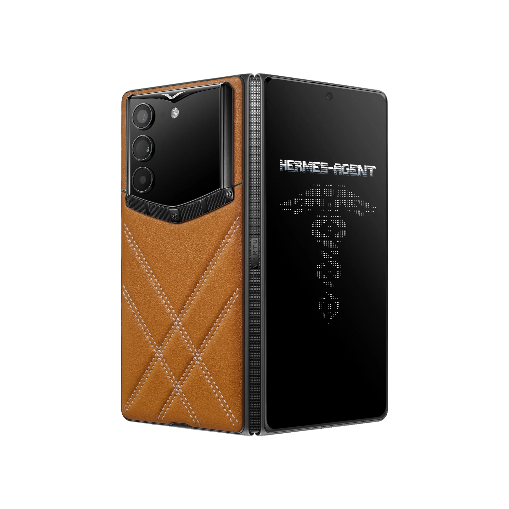VERTU ALPHAFOLD Amber Brown folded phone standing upright with dark titanium frame and Hermes Agent emblem on screen