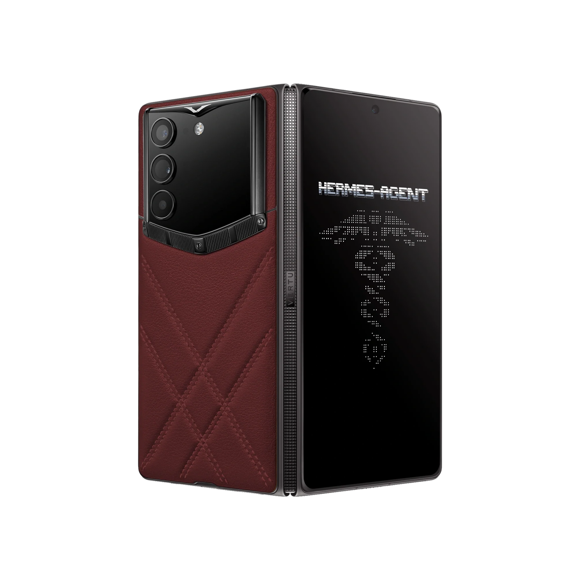 VERTU ALPHAFOLD Red & Brown stitched calfskin phone folded and standing upright from behind