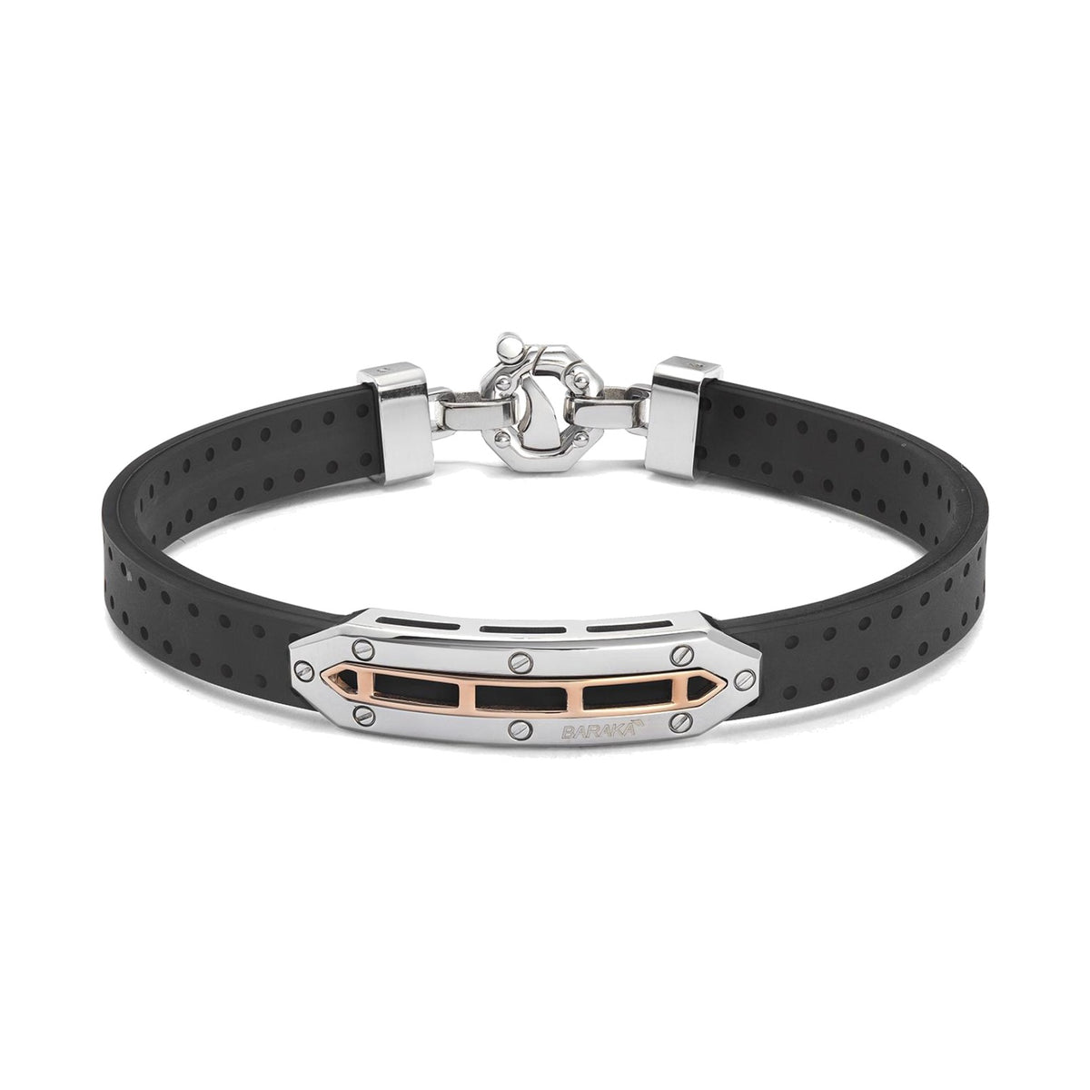 Baraka Vortex Bracelet BR373701ROLU, a men's bracelet in rubber, stainless steel and 18-karat rose gold with a white diamond