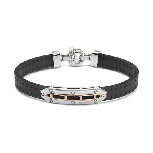 Baraka Vortex Bracelet BR373701ROLU, a men's bracelet in rubber, stainless steel and 18-karat rose gold with a white diamond