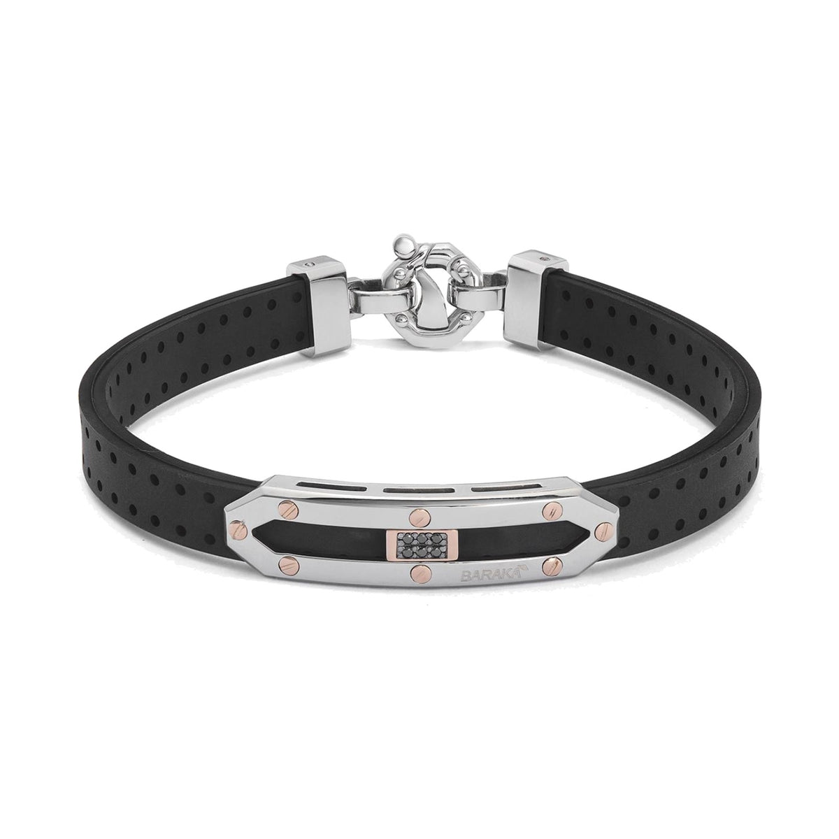 Baraka Vortex Bracelet BR373721RODN, a men's bracelet in rubber, stainless steel and 18-karat rose gold with black diamonds