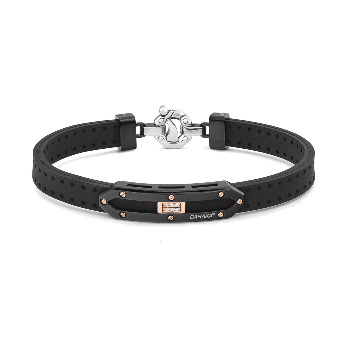 Baraka Vortex Bracelet BR373731RODB, a men's bracelet in rubber, black PVD stainless steel and 18-karat rose gold with white diamonds