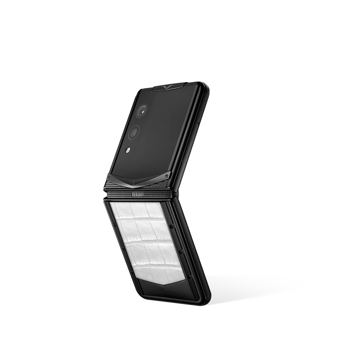 VERTU QUANTUM FLIP PHONE WHITE ALLIGATOR SKIN with alligator leather, three-quarter view