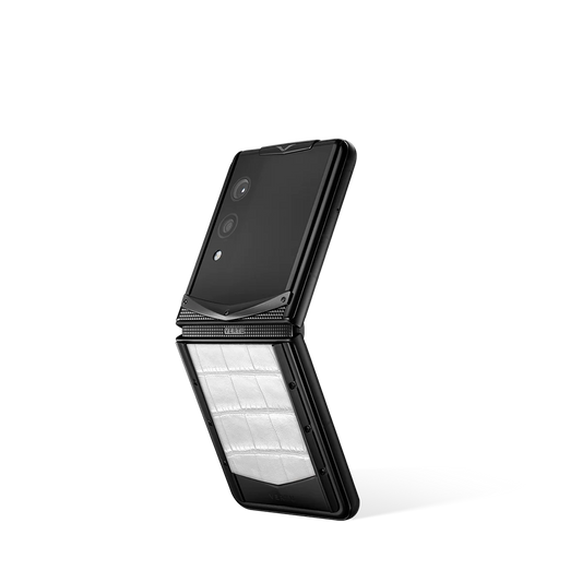 VERTU QUANTUM FLIP PHONE WHITE ALLIGATOR SKIN with alligator leather, three-quarter view