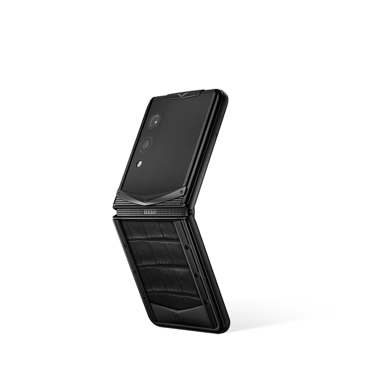 VERTU QUANTUM FLIP PHONE BASALT BLACK ALLIGATOR SKIN, alligator leather case, back panel with the screen alongside
