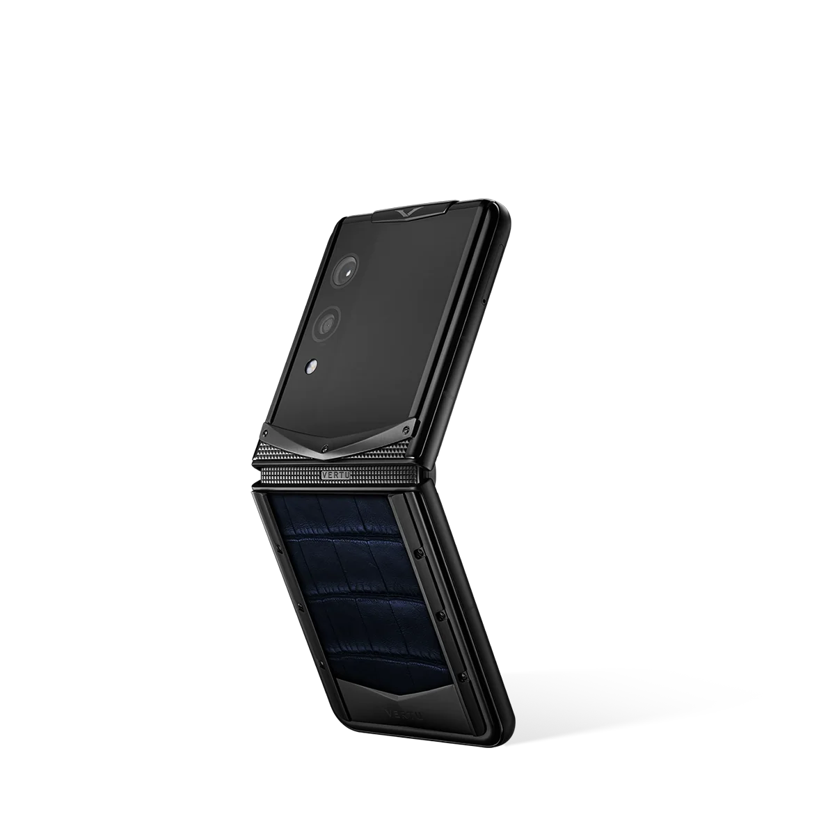 VERTU QUANTUM FLIP PHONE NAVY BLUE ALLIGATOR SKIN with alligator leather, closed, seen from the front
