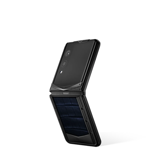 VERTU QUANTUM FLIP PHONE NAVY BLUE ALLIGATOR SKIN with alligator leather, closed, seen from the front
