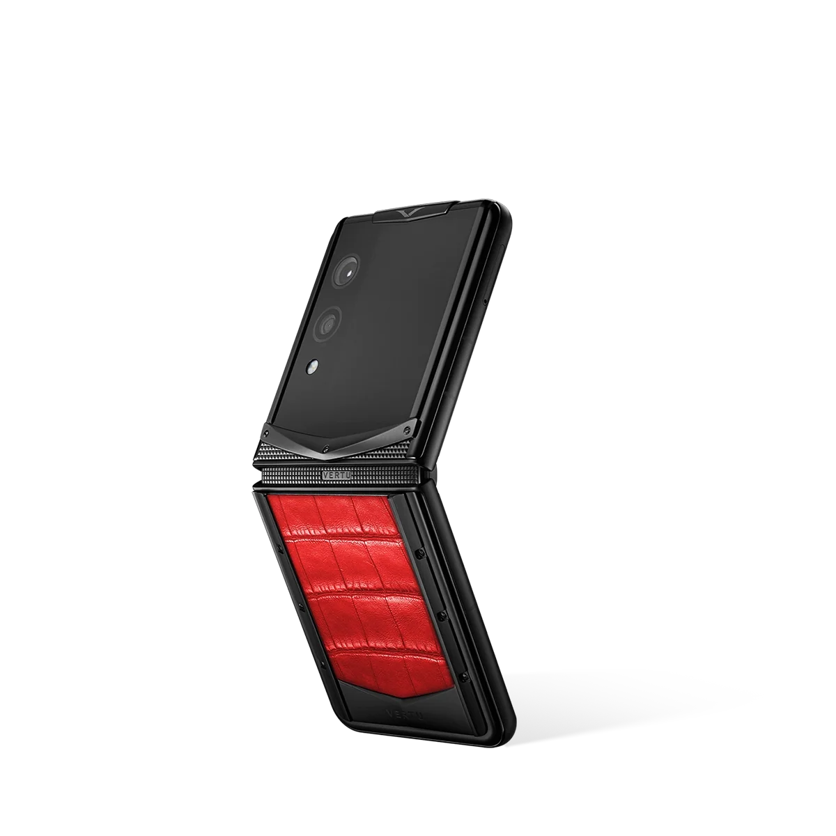 VERTU QUANTUM FLIP PHONE FLAME RED ALLIGATOR SKIN, side profile with the hinge with alligator leather case