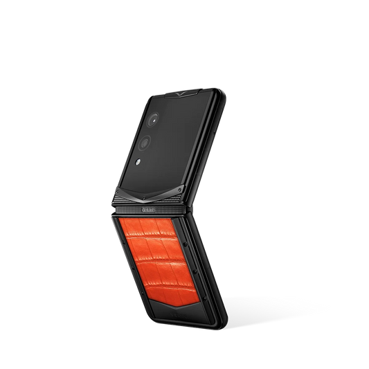 VERTU QUANTUM FLIP PHONE RADIANT PHOENIX ALLIGATOR SKIN, close-up of the case, alligator leather