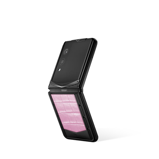 VERTU QUANTUM FLIP PHONE SAKURA PINK ALLIGATOR SKIN, alligator leather case, seen from above