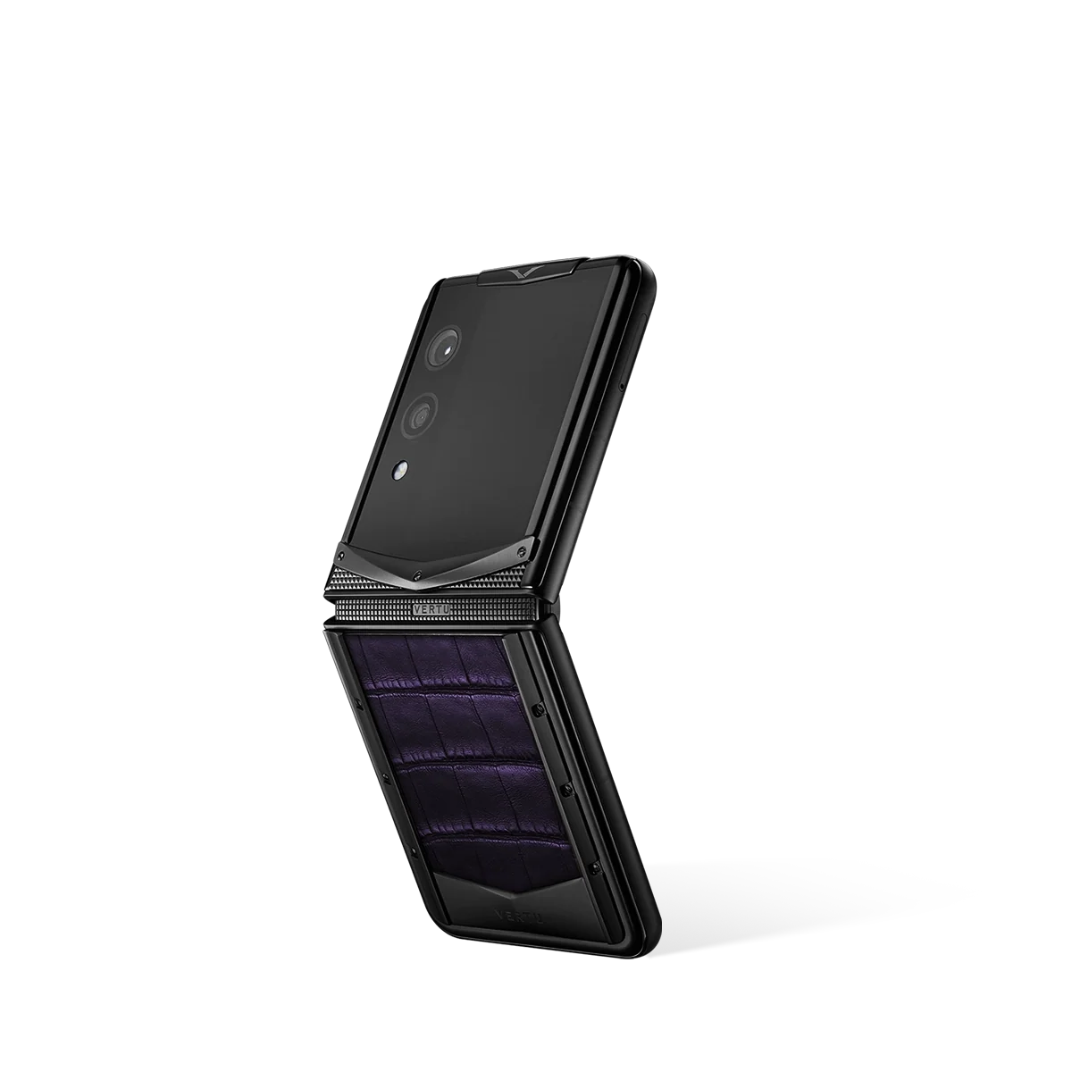 VERTU QUANTUM FLIP PHONE DARK PURPLE ALLIGATOR SKIN, back and front view, alligator leather case