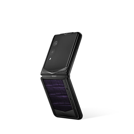 VERTU QUANTUM FLIP PHONE DARK PURPLE ALLIGATOR SKIN, back and front view, alligator leather case