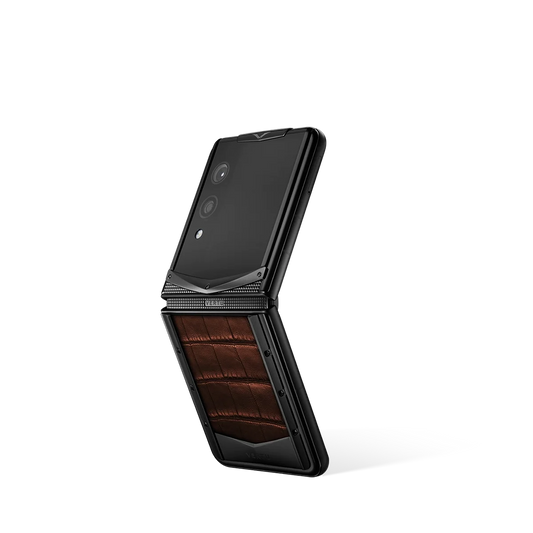 VERTU QUANTUM FLIP PHONE AMBER BROWN ALLIGATOR SKIN, open, showing the inner screen, alligator leather case