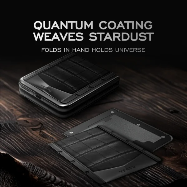 VERTU QUANTUM FLIP PHONE GOLD V IRON BLACK ALLIGATOR SKIN, side profile with the hinge with alligator leather and gold case