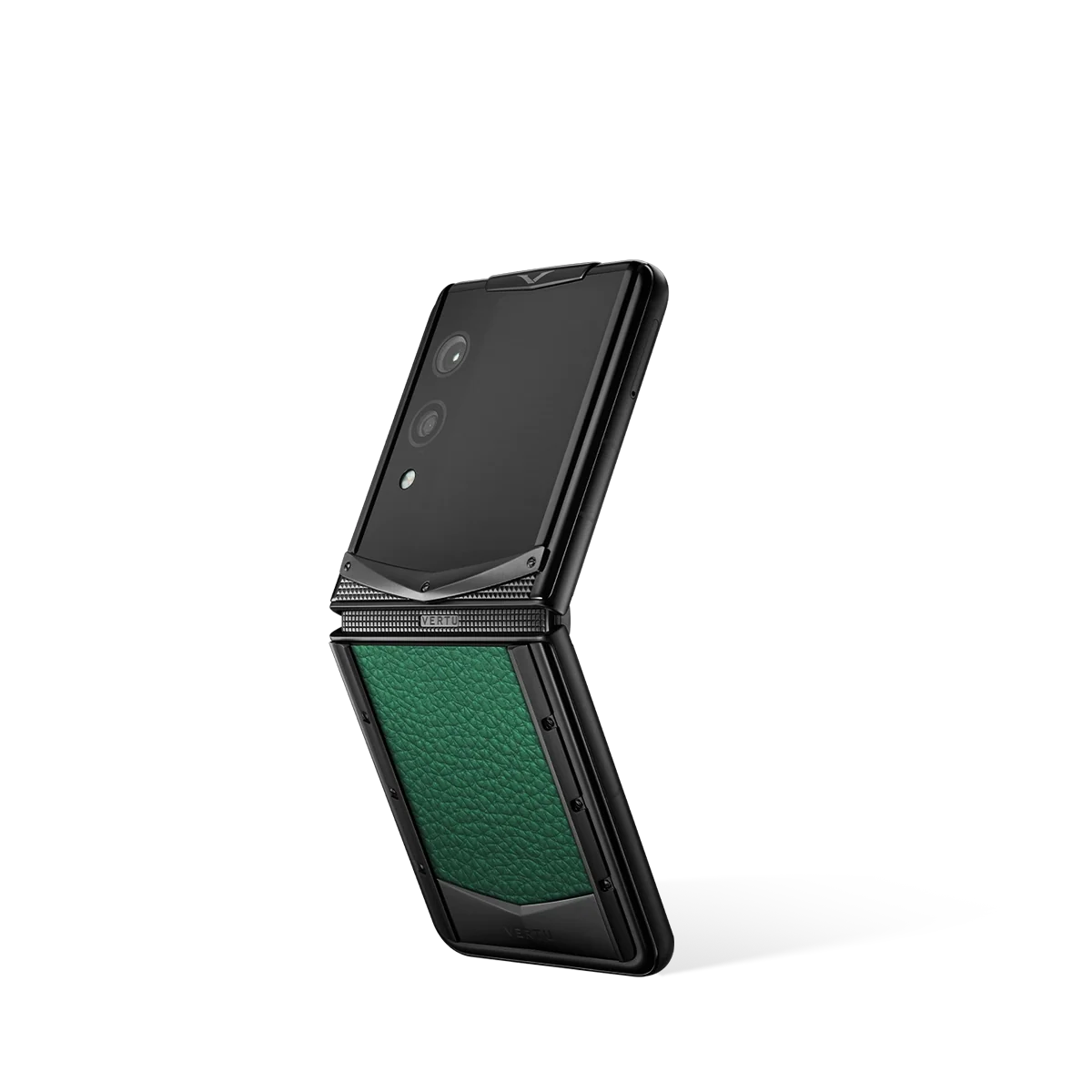 VERTU QUANTUM FLIP PHONE VERONA GREEN CALFSKIN, shown from the back and the front, calf leather case