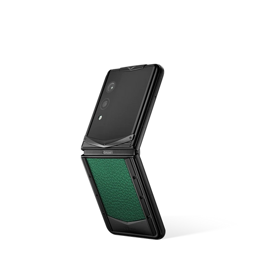 VERTU QUANTUM FLIP PHONE VERONA GREEN CALFSKIN, shown from the back and the front, calf leather case