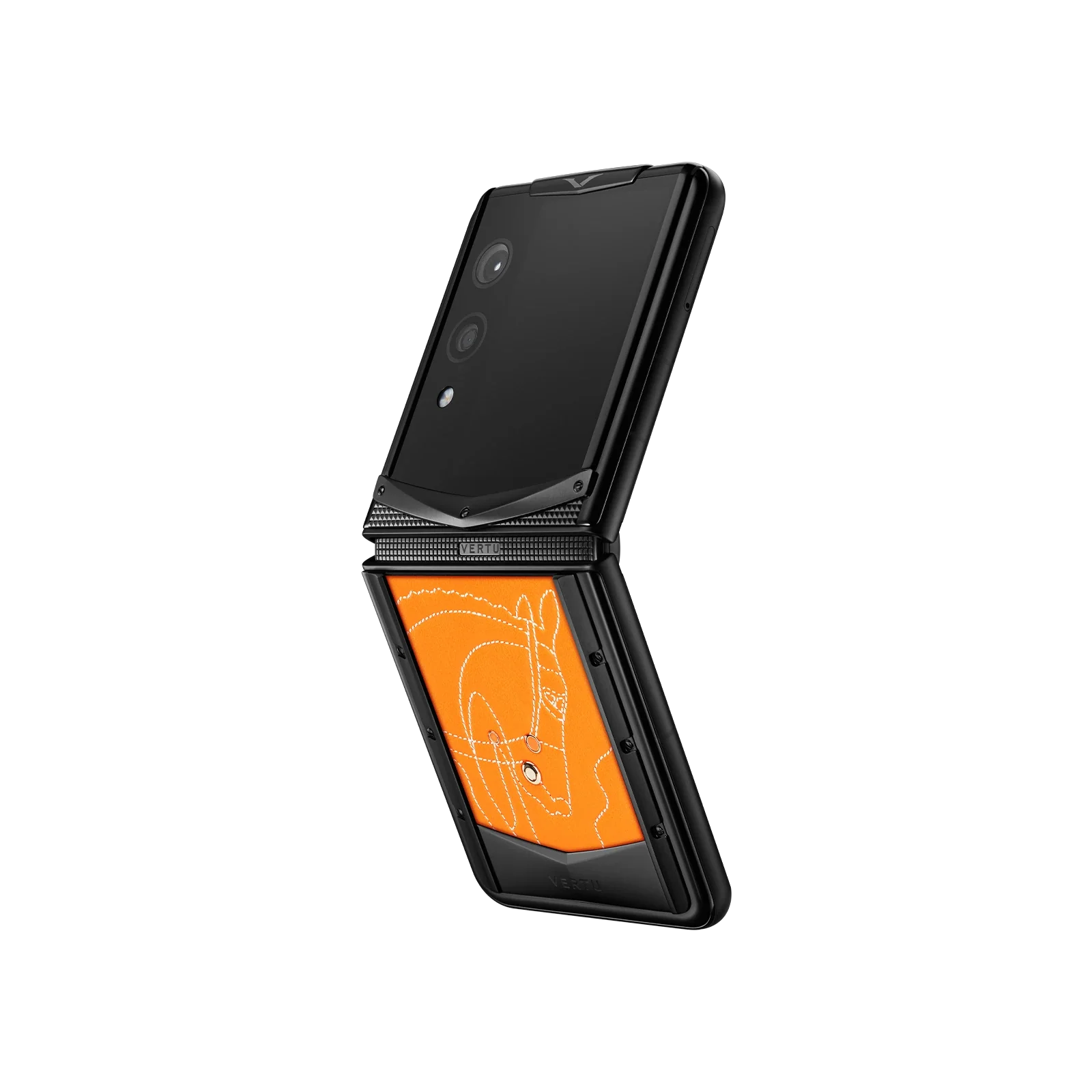 VERTU QUANTUM FLIP PHONE THE 2026 CHINESE ZODIAC EDITION CLASSIC ORANGE CALFSKIN, front and back with calf leather case