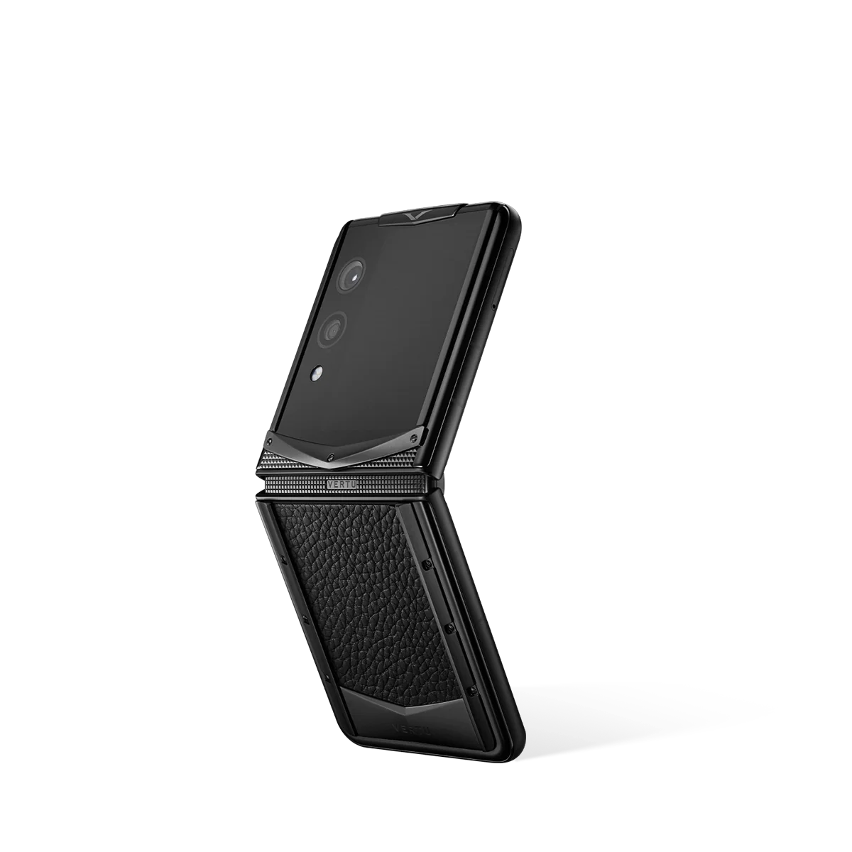 VERTU QUANTUM FLIP PHONE JADE BLACK CALFSKIN, calf leather case, back and front view