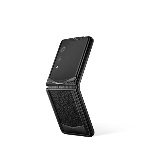VERTU QUANTUM FLIP PHONE JADE BLACK CALFSKIN, calf leather case, back and front view