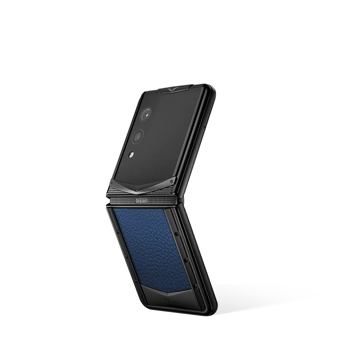 VERTU QUANTUM FLIP CALFSKIN DEEP BLUE PHONE, shown from the back and the front, calf leather case