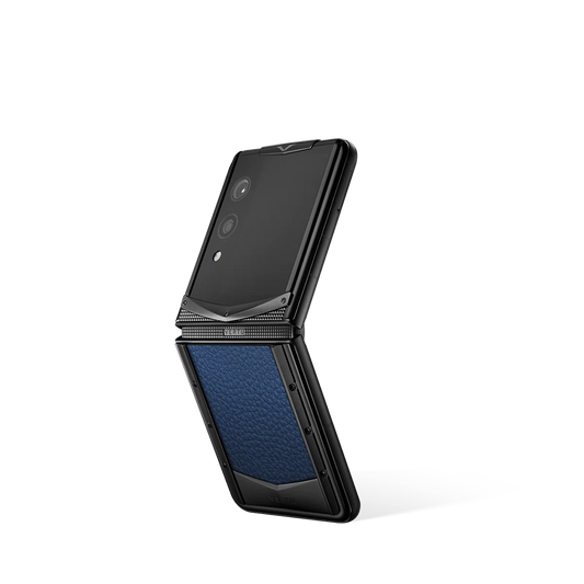 VERTU QUANTUM FLIP CALFSKIN DEEP BLUE PHONE, shown from the back and the front, calf leather case