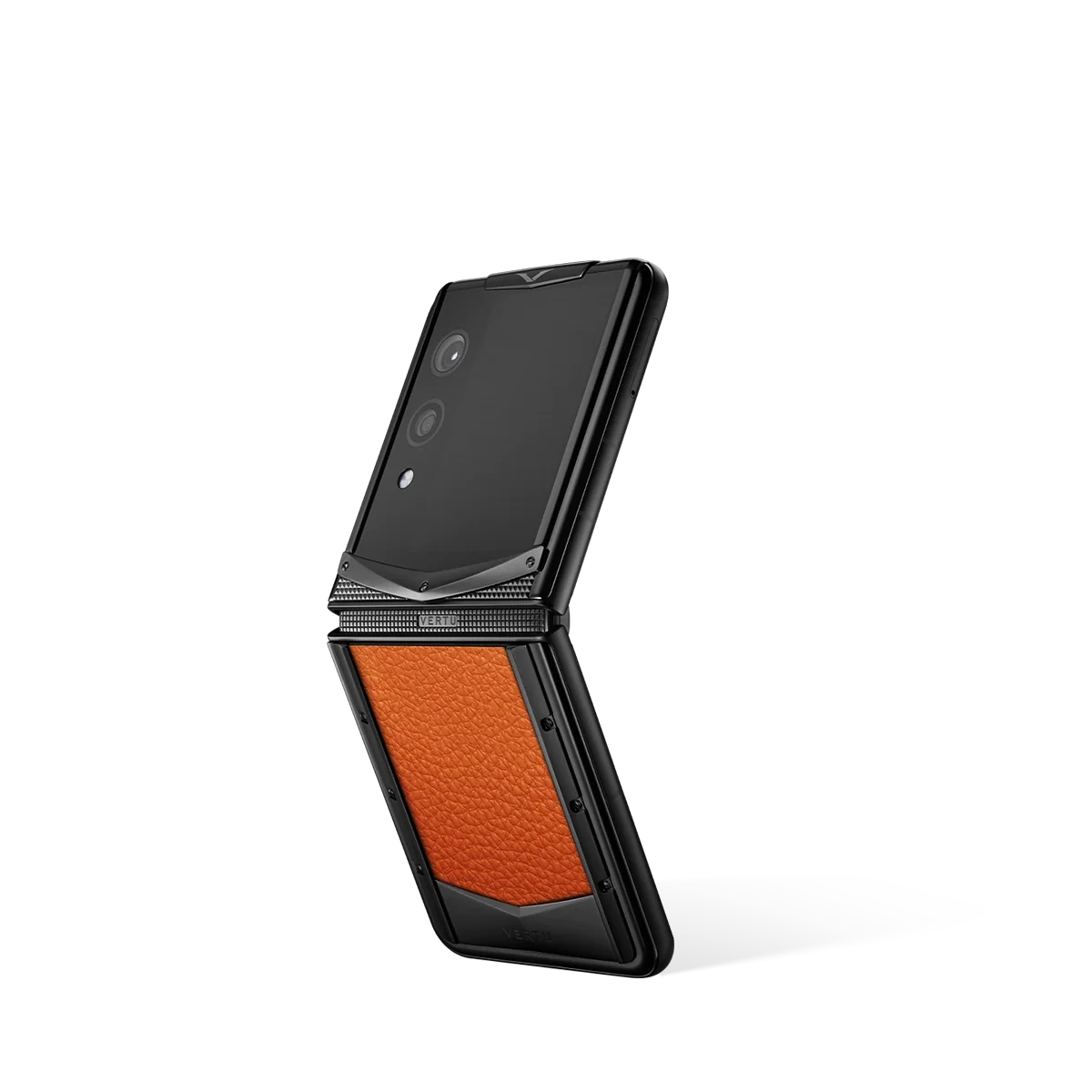 VERTU QUANTUM FLIP PHONE DAWNING ORANGE CALFSKIN, calf leather case, back and front view