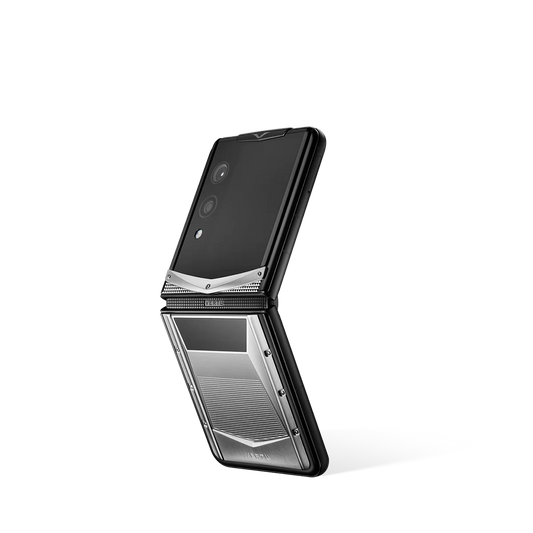 VERTU QUANTUM FLIP PHONE CYBER SILVER CALFSKIN with calf leather, rear panel and screen