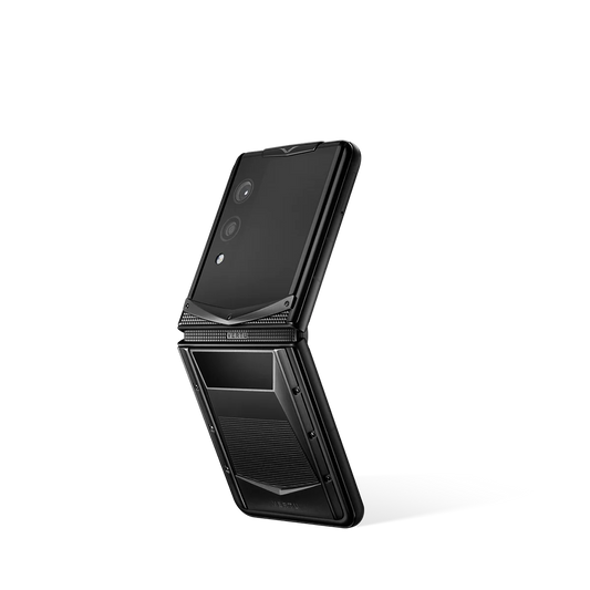 VERTU QUANTUM FLIP PHONE CYBER BLACK CALFSKIN, calf leather case, back panel with the screen alongside
