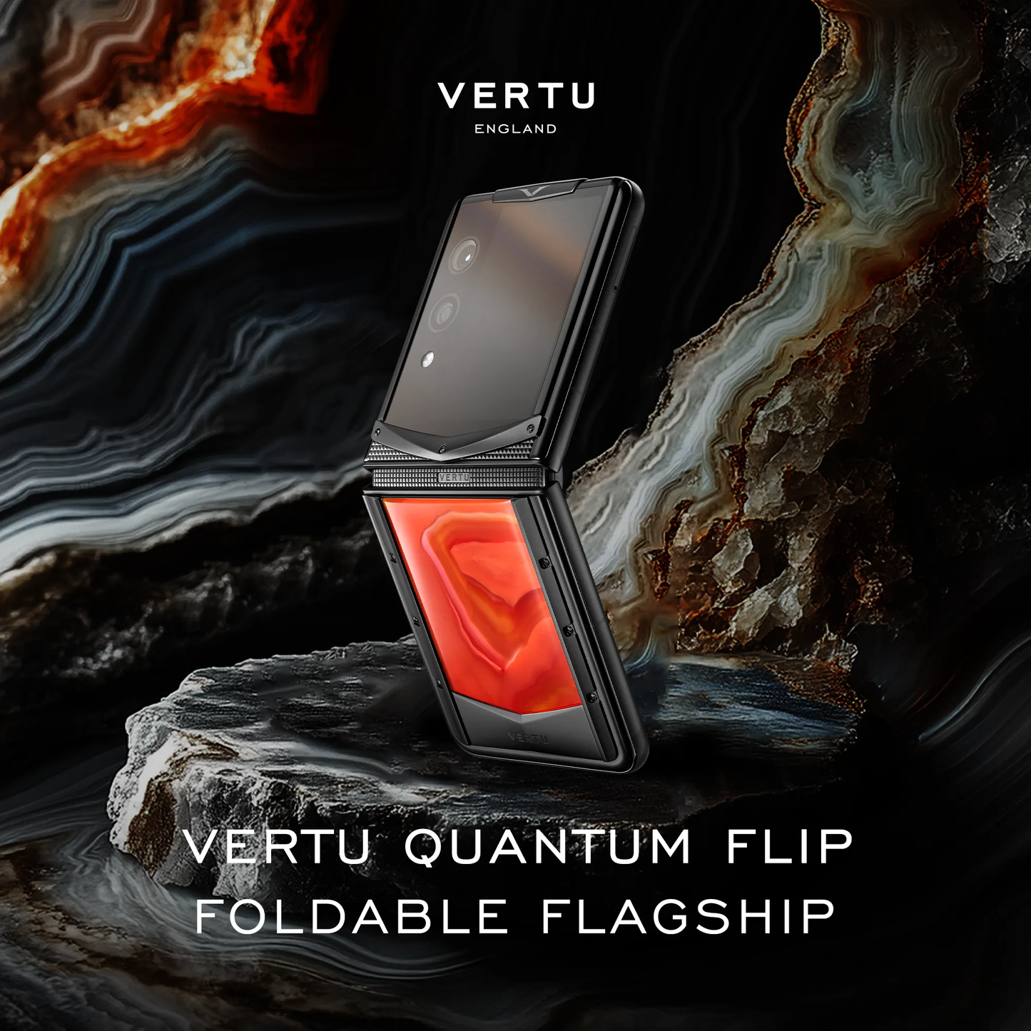 VERTU QUANTUM FLIP PHONE PHOENIX FLAME AGATE, shown from the back and the front, hand-polished agate case
