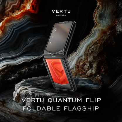 VERTU QUANTUM FLIP PHONE PHOENIX FLAME AGATE, shown from the back and the front, hand-polished agate case