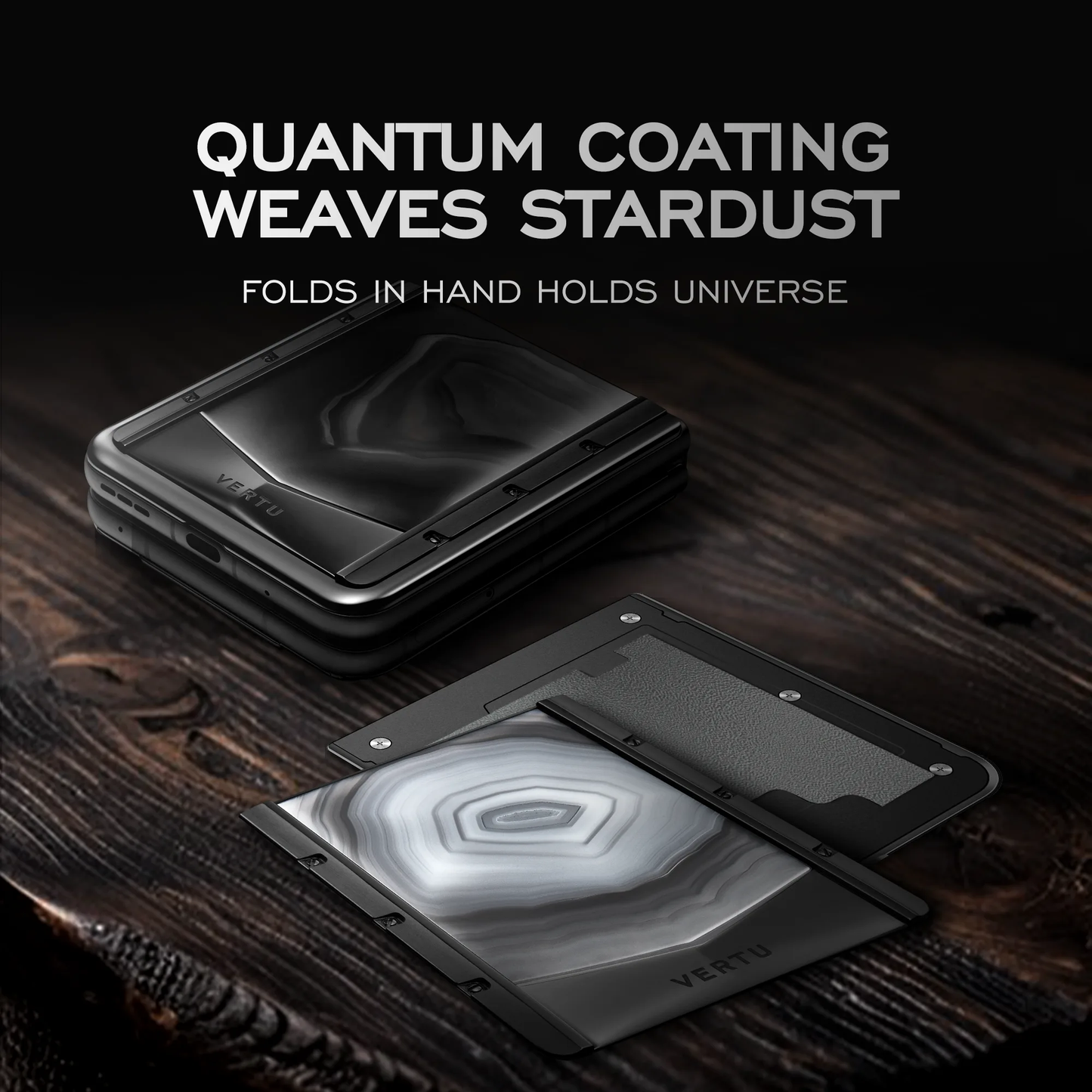 VERTU QUANTUM FLIP PHONE PHOENIX FLAME AGATE with hand-polished agate, closed, seen from the front