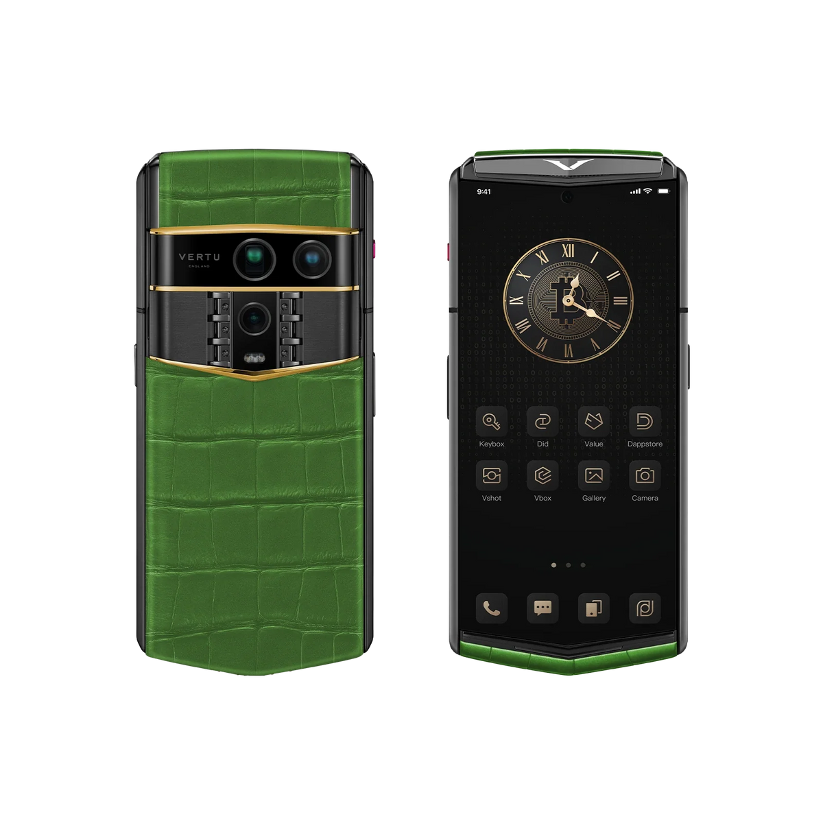 VERTU AGENT Q PHONE BESPOKE BAMBOO GREEN GOLD III ALLIGATOR SKIN, back panel with the screen alongside