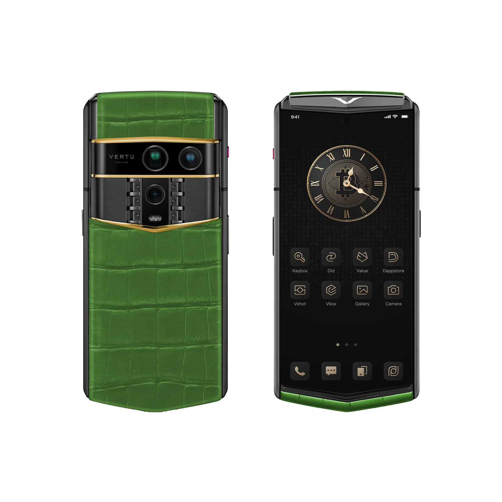 VERTU AGENT Q PHONE BESPOKE BAMBOO GREEN GOLD III ALLIGATOR SKIN, back panel with the screen alongside