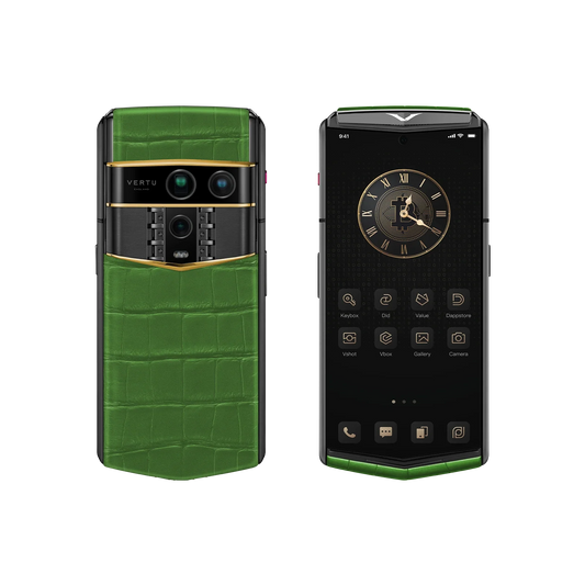 VERTU AGENT Q PHONE BESPOKE BAMBOO GREEN GOLD III ALLIGATOR SKIN, back panel with the screen alongside