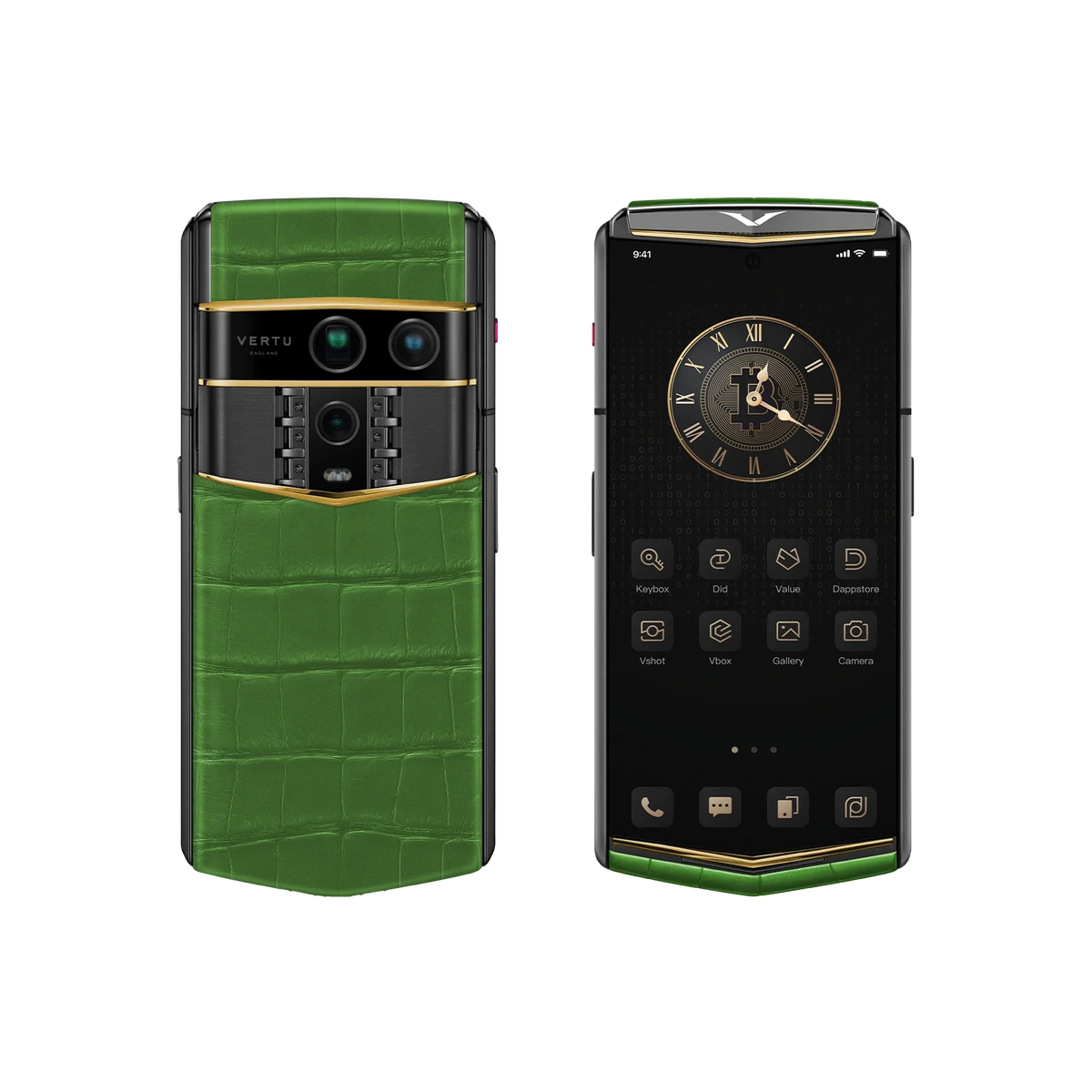 VERTU AGENT Q PHONE BESPOKE BAMBOO GREEN GOLD V ALLIGATOR SKIN, closed, seen from the front, alligator leather and gold