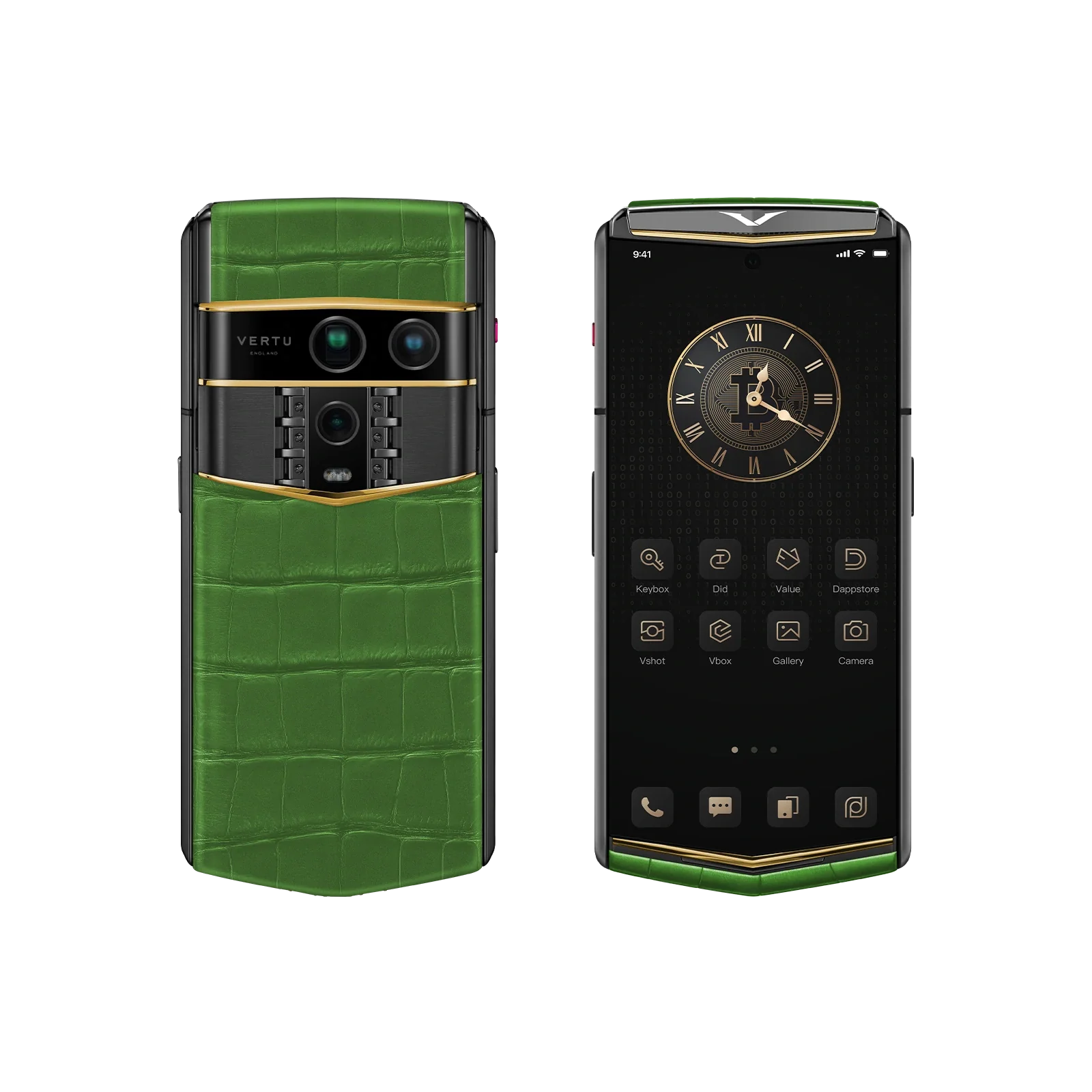 VERTU AGENT Q PHONE BESPOKE BAMBOO GREEN GOLD V ALLIGATOR SKIN, closed, seen from the front, alligator leather and gold