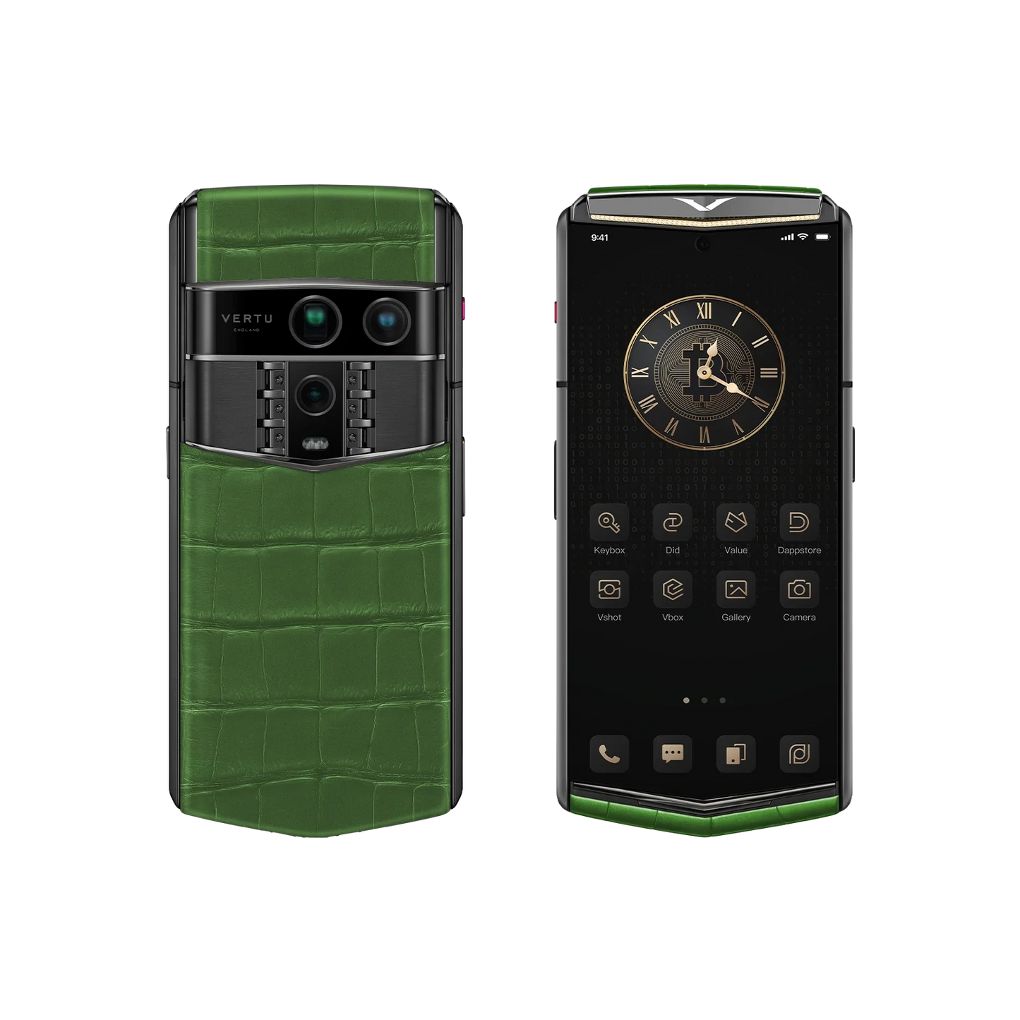 VERTU AGENT Q PHONE BESPOKE BAMBOO GREEN GOLD I & DIAMOND ALLIGATOR SKIN, open, showing the inner screen