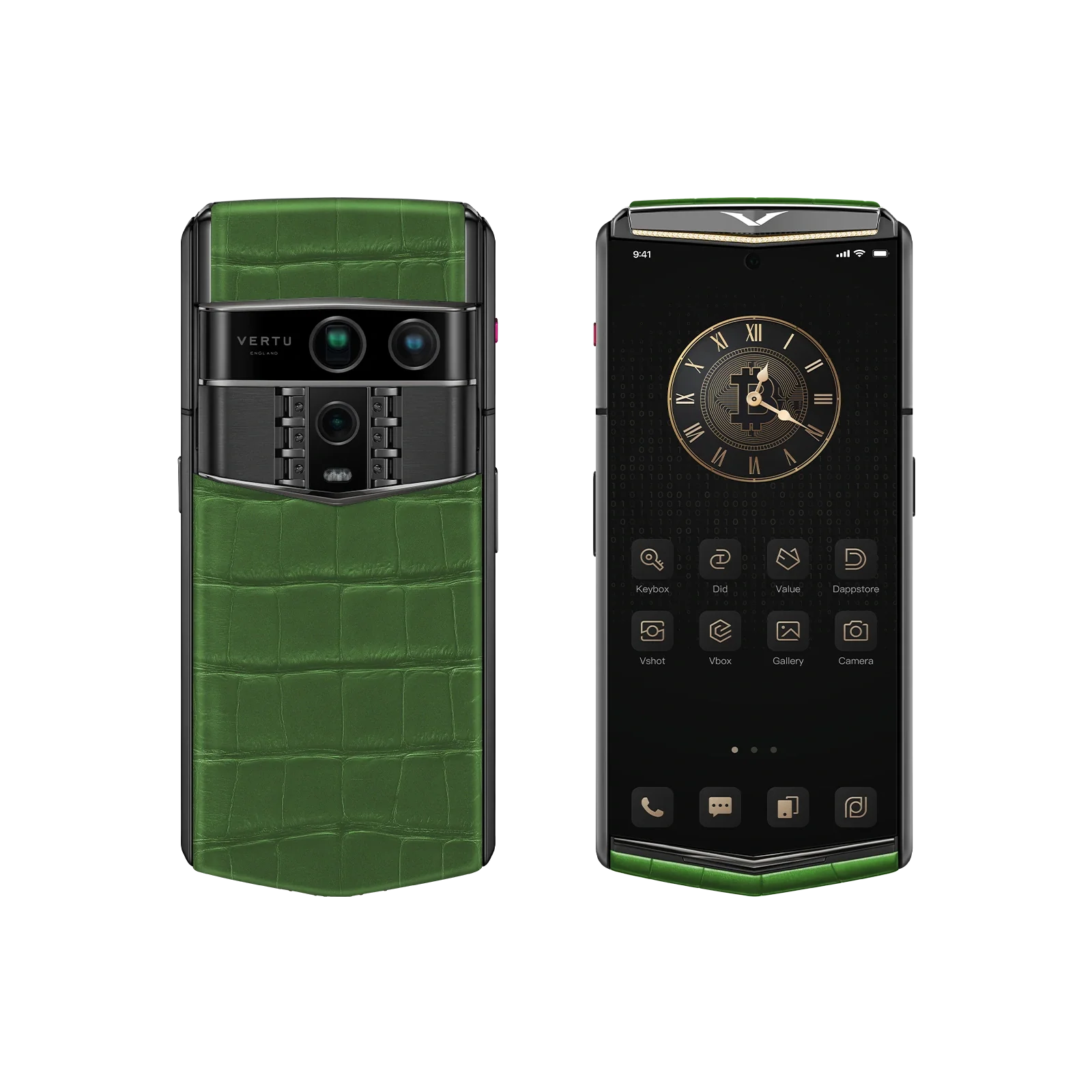 VERTU AGENT Q PHONE BESPOKE BAMBOO GREEN GOLD I & DIAMOND ALLIGATOR SKIN, open, showing the inner screen