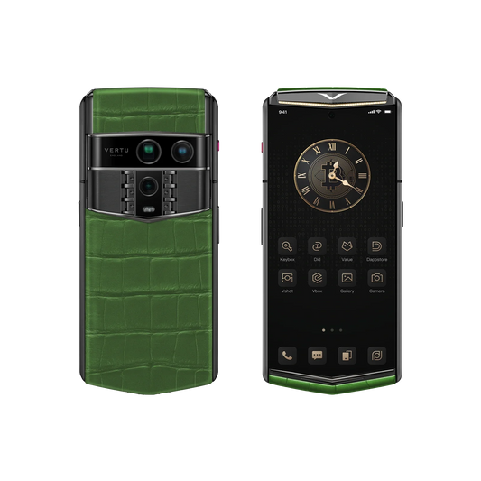 VERTU AGENT Q PHONE BESPOKE BAMBOO GREEN GOLD I & DIAMOND ALLIGATOR SKIN, open, showing the inner screen