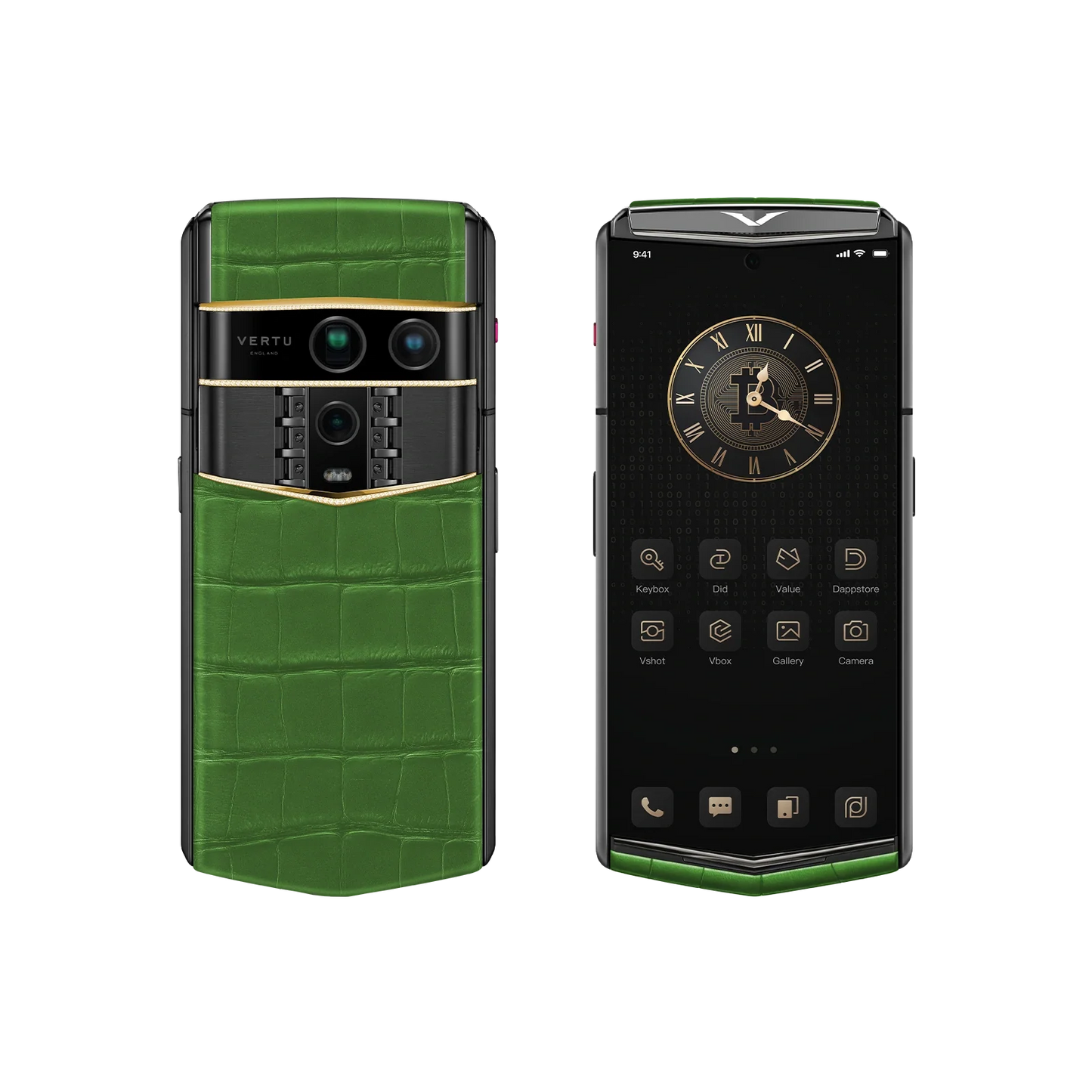 VERTU AGENT Q PHONE BESPOKE BAMBOO GREEN GOLD III & DIAMOND ALLIGATOR SKIN, side profile with the hinge