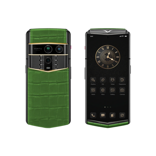 VERTU AGENT Q PHONE BESPOKE BAMBOO GREEN GOLD III & DIAMOND ALLIGATOR SKIN, side profile with the hinge