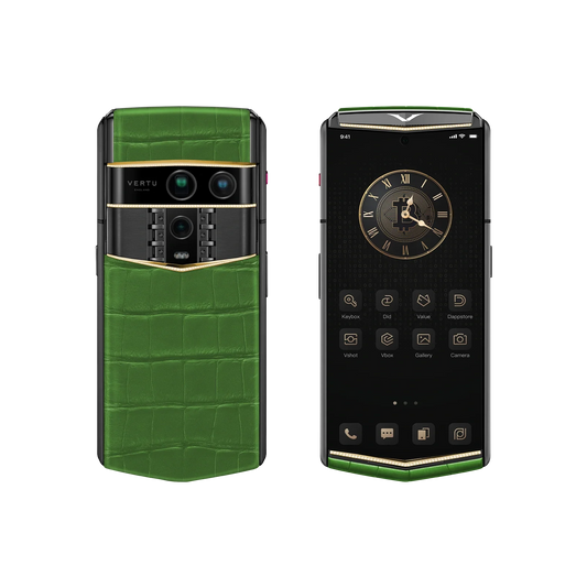 VERTU AGENT Q PHONE BESPOKE BAMBOO GREEN GOLD V & DIAMOND ALLIGATOR SKIN, close-up of the case