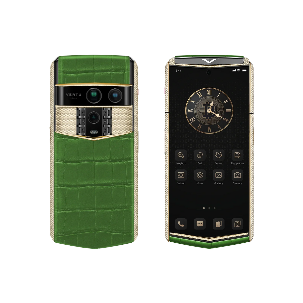 VERTU AGENT Q PHONE BESPOKE BAMBOO GREEN GOLD & FULL DIAMOND ALLIGATOR SKIN, three-quarter view