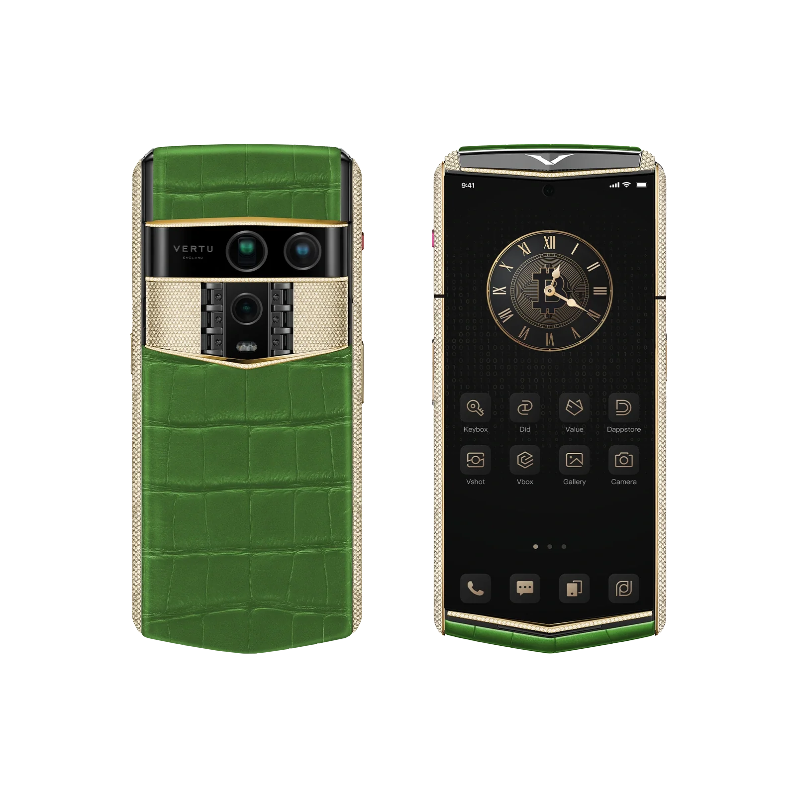VERTU AGENT Q PHONE BESPOKE BAMBOO GREEN GOLD & FULL DIAMOND ALLIGATOR SKIN, three-quarter view