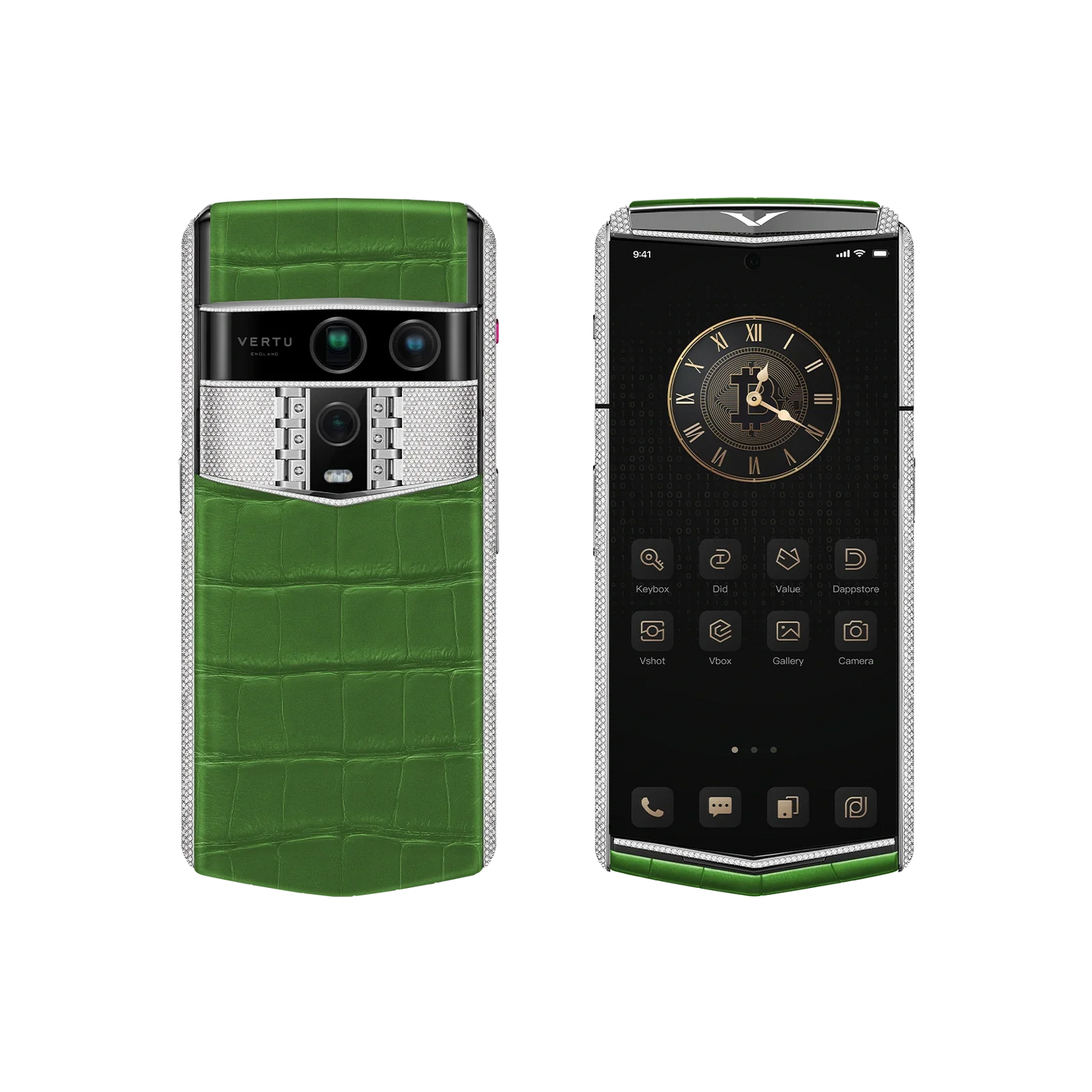 VERTU AGENT Q PHONE BESPOKE BAMBOO GREEN WHITE GOLD & FULL DIAMOND ALLIGATOR SKIN, seen from above