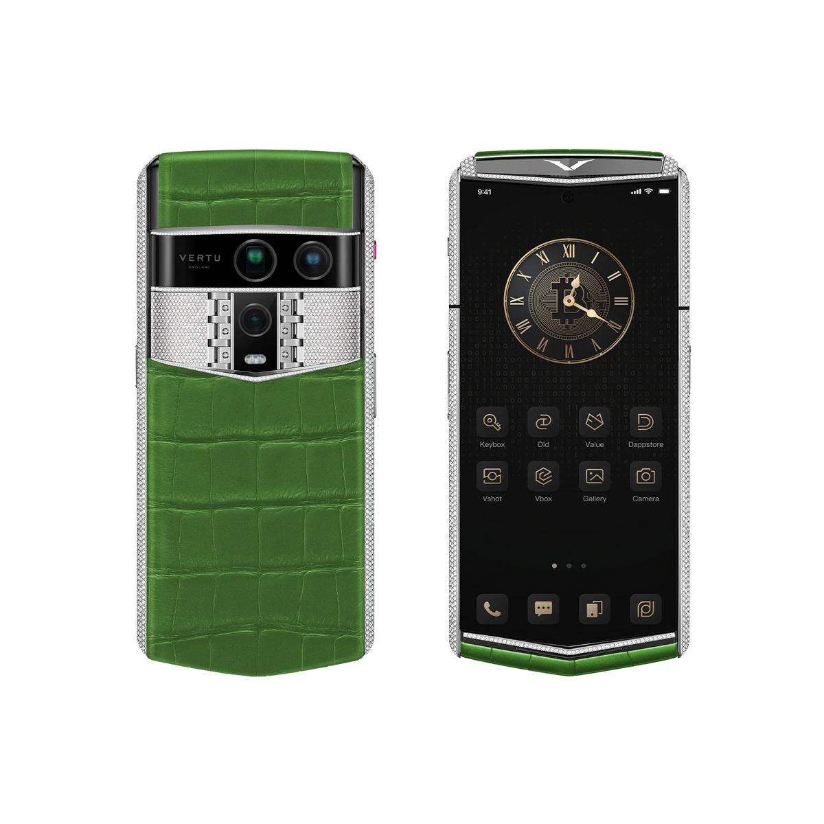 VERTU AGENT Q PHONE BESPOKE BAMBOO GREEN WHITE GOLD & FULL DIAMOND ALLIGATOR SKIN, seen from above
