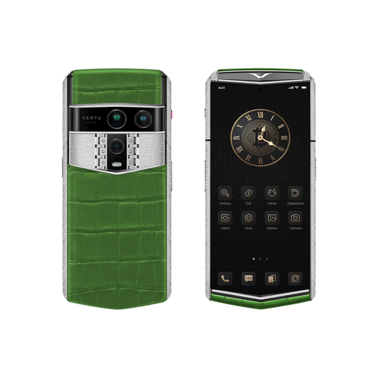 VERTU AGENT Q PHONE BESPOKE BAMBOO GREEN WHITE GOLD & FULL DIAMOND ALLIGATOR SKIN, seen from above