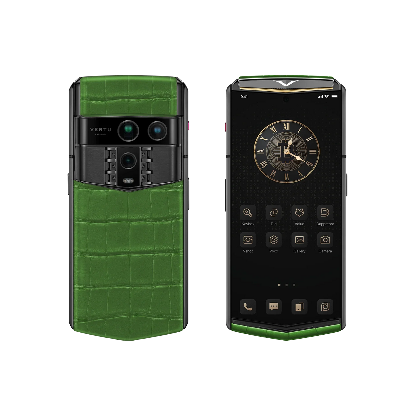 VERTU AGENT Q PHONE BESPOKE BAMBOO GREEN GOLD I ALLIGATOR SKIN, rear panel and screen, alligator leather and gold case