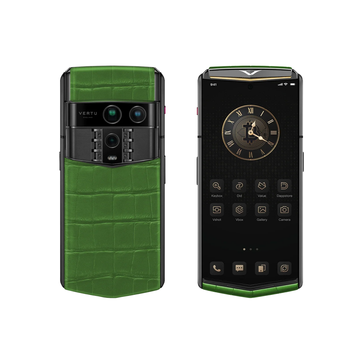 VERTU AGENT Q PHONE BESPOKE BAMBOO GREEN GOLD I ALLIGATOR SKIN, rear panel and screen, alligator leather and gold case